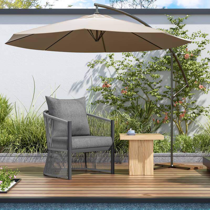 Modern Gray Curved Aluminum Lounge Chair with Stylish Rope-Weave Design and Cushioned Comfort, Perfect for Outdoor Living - Gray