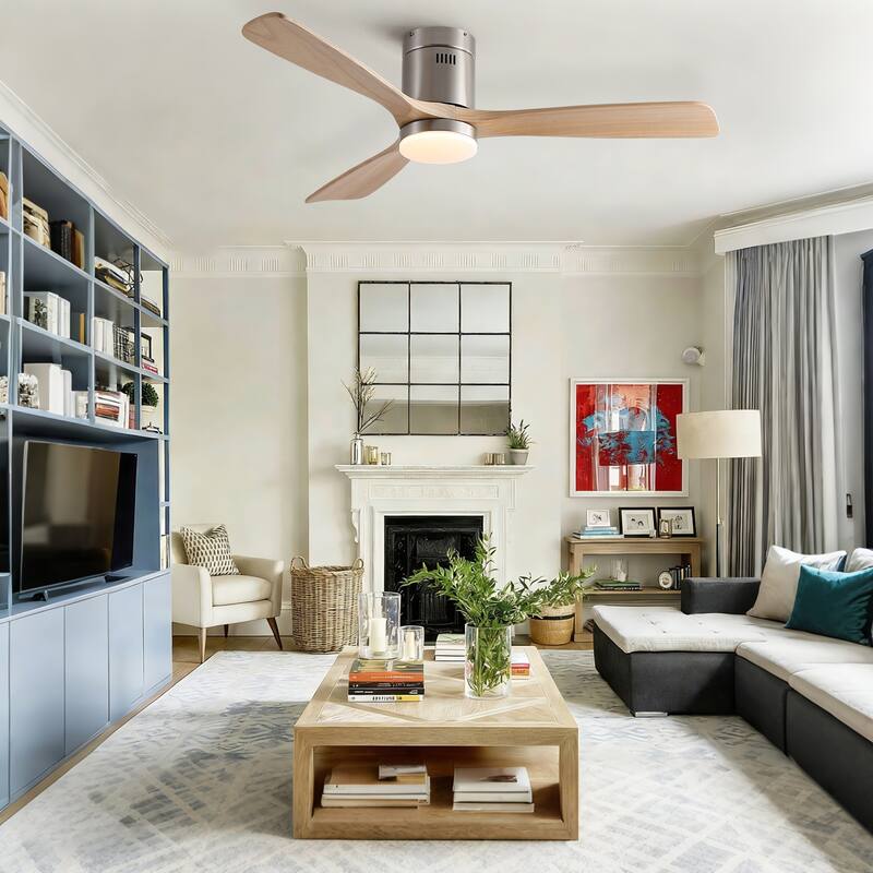 52 inch Mordern Cozy Natural Style Solid Wood Low Profile Flush Mount Intergrated LED Ceiling Fan with Light - Brushed Nickel
