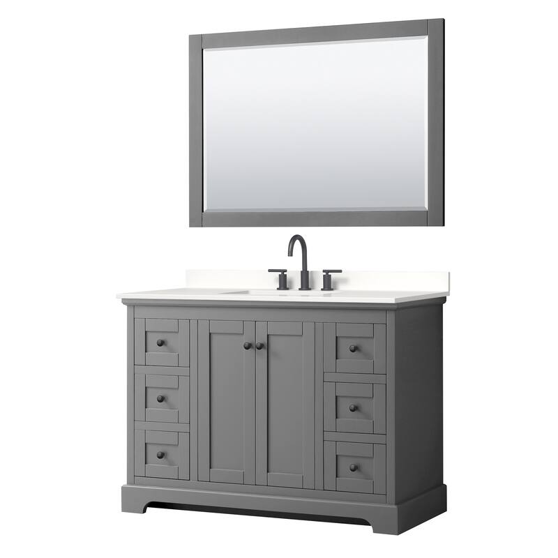 Avery 48-inch Single Vanity, Quartz Top, 46-inch Mirror - Dark Gray, Black Trim, White Quartz Top