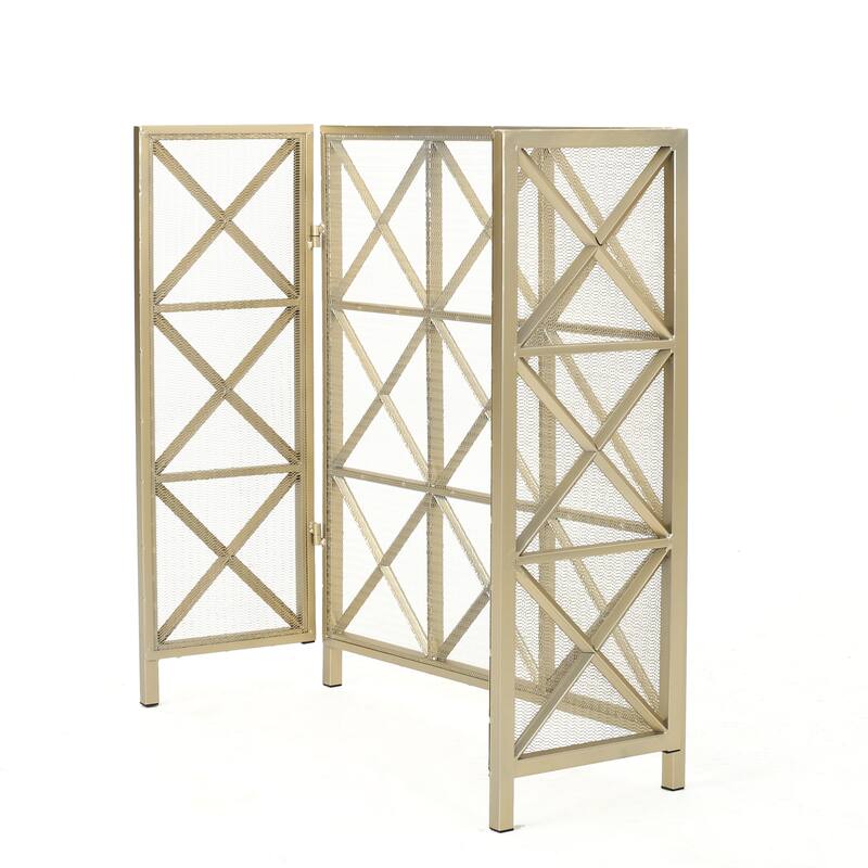 Roomfitters 3-Panel Fireplace Screen, Modern Geometric X-Pattern Metal Spark Guard for Hearth Safety, Folding Cover, Gold