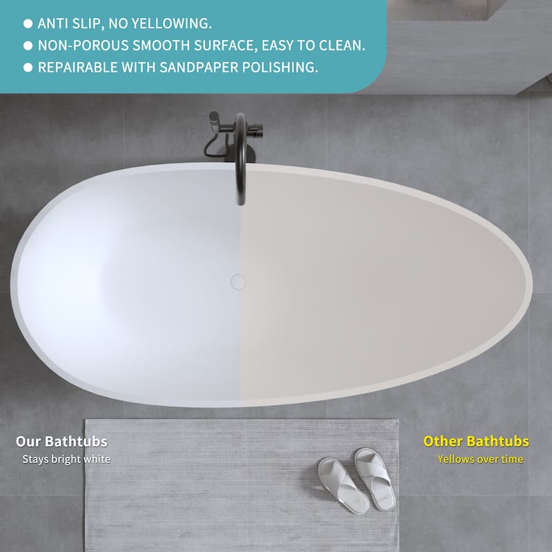 Solid Surface Freestanding Soaking Bathtub with Center Drain and Pop-up Drain, Modern Matte White Tubs with Overflow