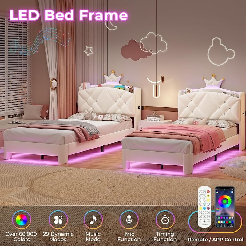 Princess Upholstered Bed with Headboard Charging Station Crystal Button Crown