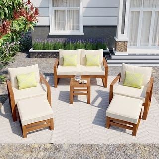 6 Piece Outdoor Patio Wood Conversation Set with 2 Ottoman Bed