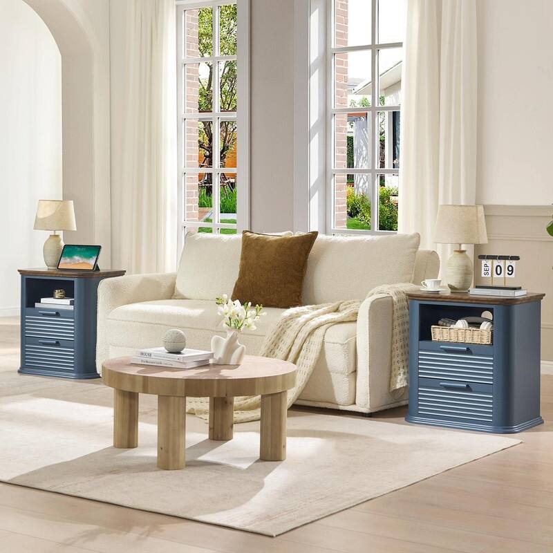 22" Fluted Nightstand with Charging Station - Modern End Table with 2 Drawers and Open Storage