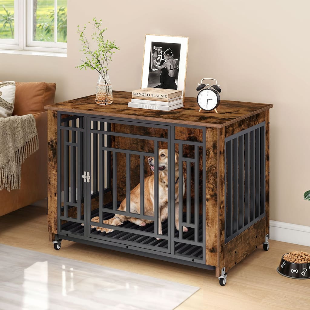 Moasis 38" Dog Crate Furniture with Wheels And Removable Tray