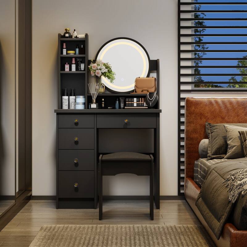 Makeup Vanity Dressing Tabel Set With Touch Screen Mirror & Stool - Black