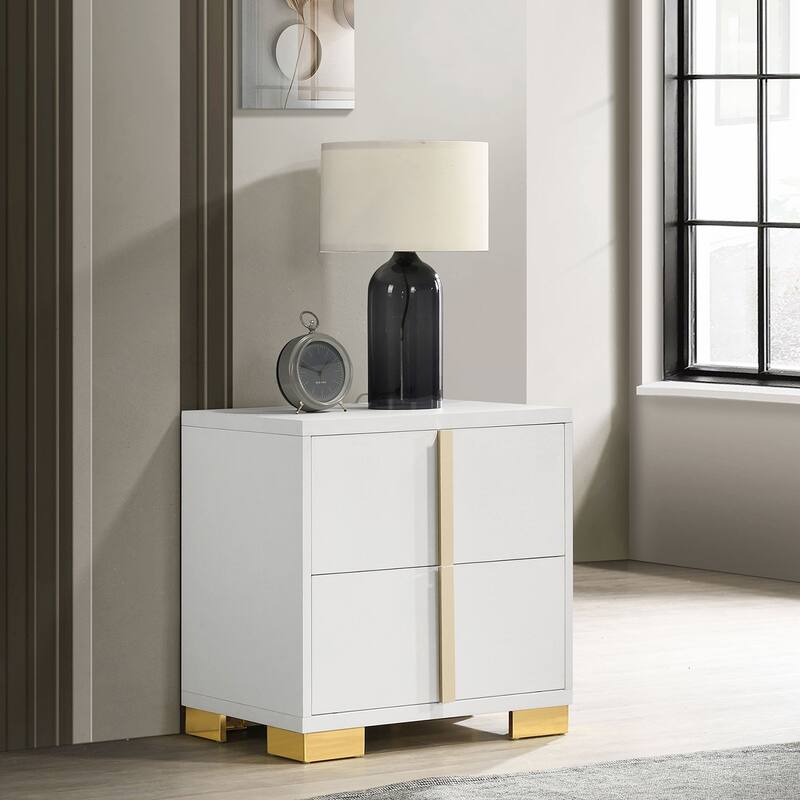 Art Deco Inspired 2-Drawer Nightstand with Gold Metal Accents - Elegant Storage Solution for Bedrooms - White