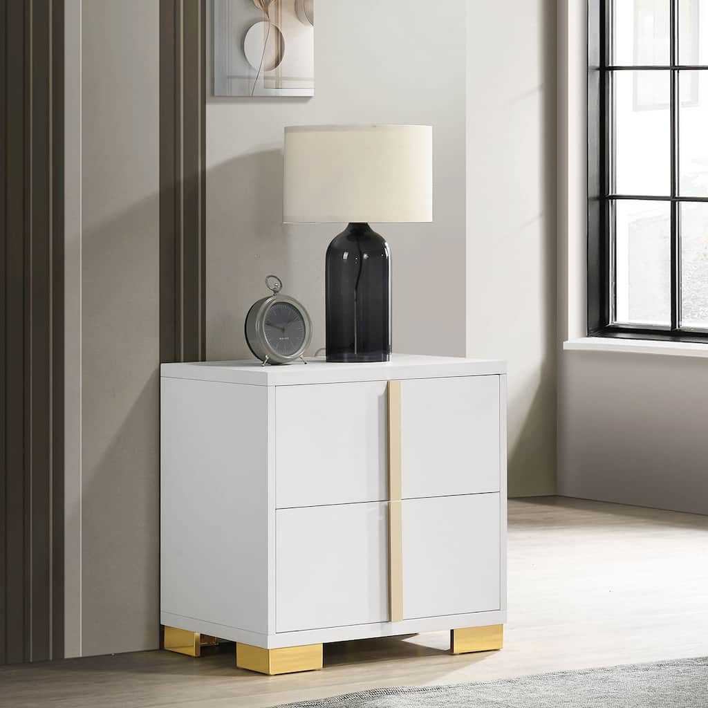 Art Deco Inspired 2-Drawer Nightstand with Gold Metal Accents - Elegant Storage Solution for Bedrooms