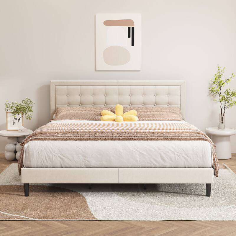 alazyhome Upholstered Platform Bed Frame with Button Tufting Headboard - Beige - King
