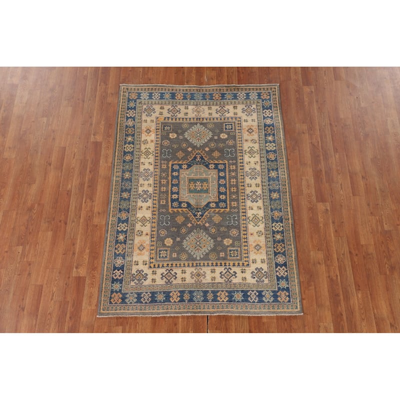 Geometric Kazak Area Rug Handmade Oriental Wool Carpet - 4'0" x 5'9"