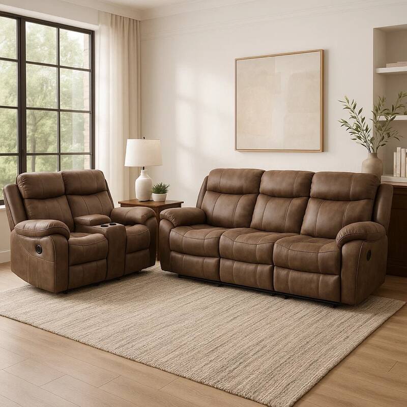 Arisa Sofa and Loveseat Manual Recliner Set, Brown Faux Leather, Drop Table