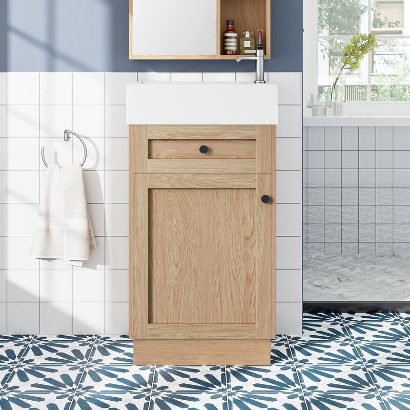 18.5"Bathroom Vanity with Resin Sink, MDF Cabinet with Adjustable Shelf, Wood Grain Melamine Finish, Reversible Door - Wood