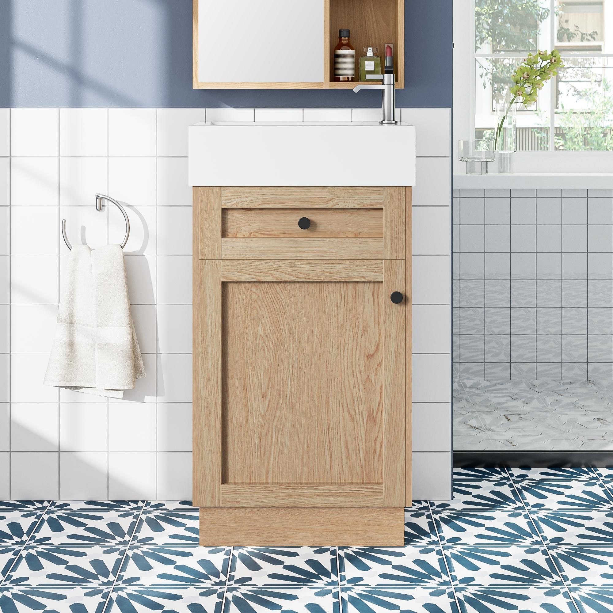 Roomfitters 18.5" Bathroom Vanity with Resin Sink, Adjustable Shelf, Reversible Door, Zinc Alloy Handles, Wood