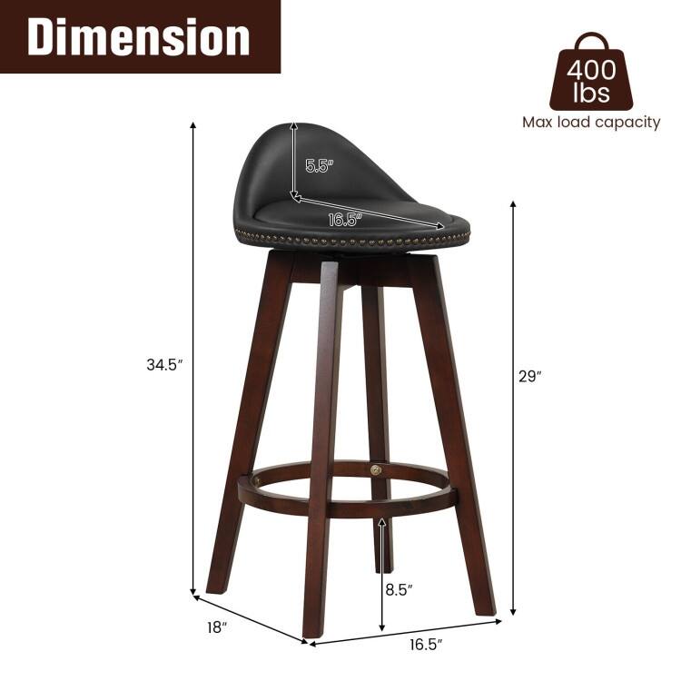 2 Pieces Cushioned Swivel Bar Stool Set with Low Back-Black - 16.5" x 18" x 34.5"