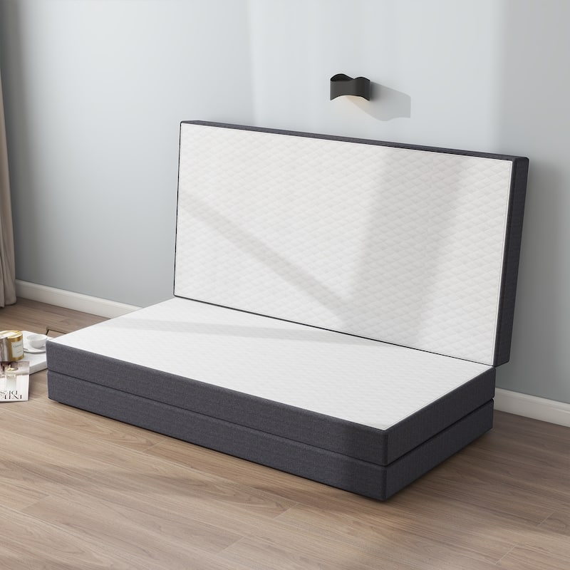 Folding Mattress, 4 inch Tri-fold Memory Foam Mattress Topper for Camping, Foldable Mattress Topper with Washable Cover - White