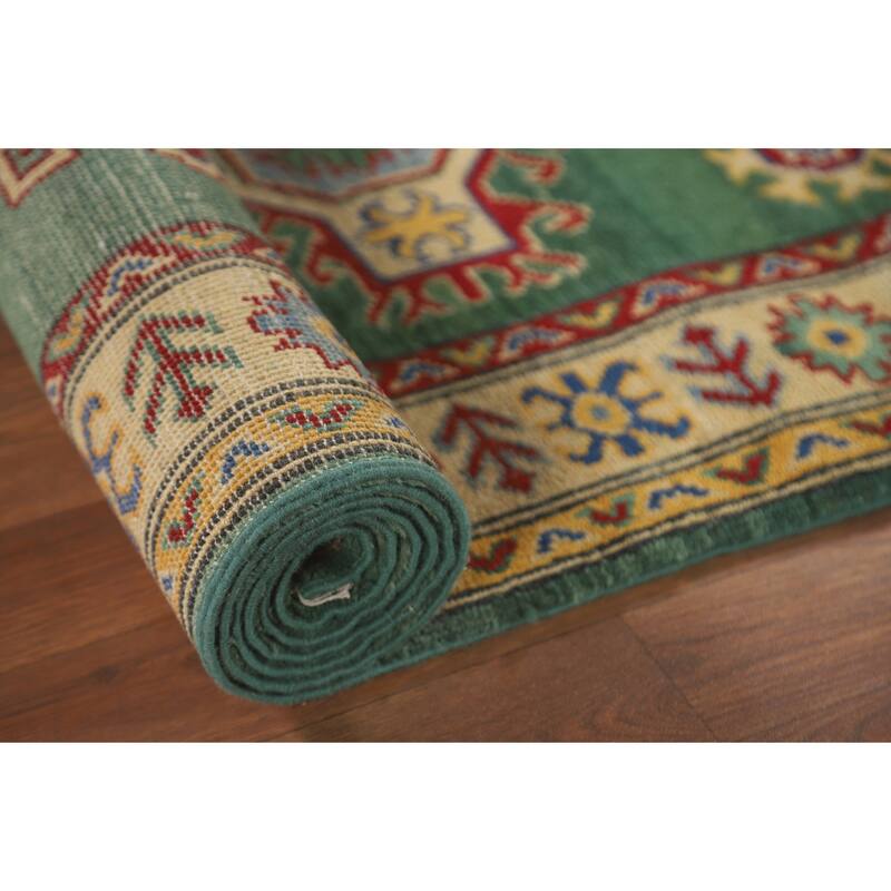 Green Geometric Kazak Runner Rug Handmade Wool Carpet - 2'8" x 16'2"