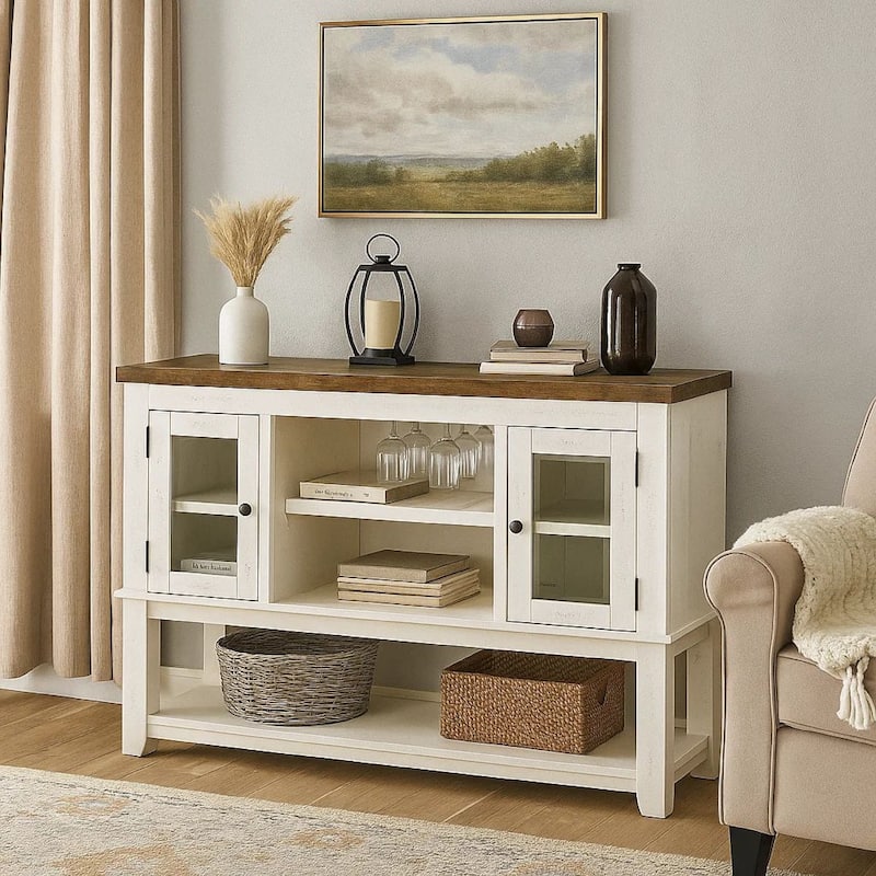 Giva Sideboard Buffet Console 4 Doors, Rattan Patterns, Brown 68 Inch