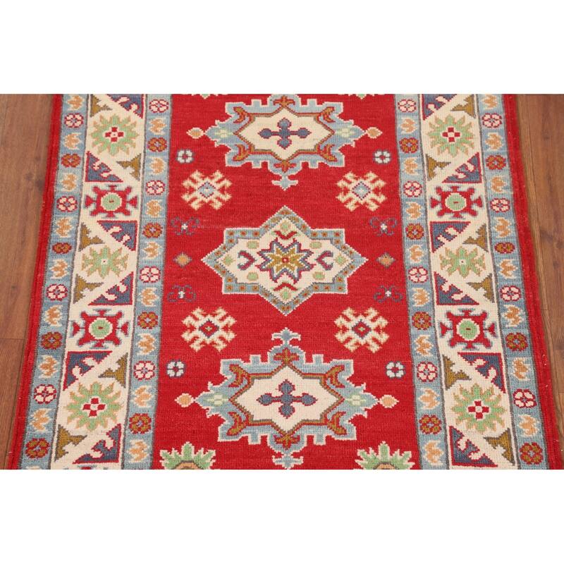 Red Kazak Accent Rug Hand-Knotted Geometric Wool Carpet - 2'8" x 3'10"