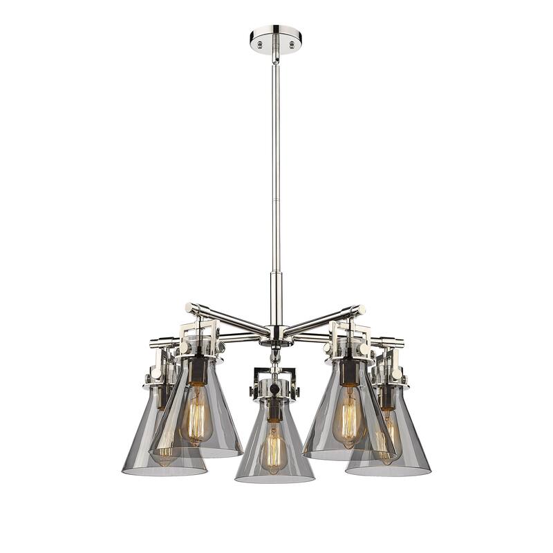 Innovations Lighting Newton Cone - 5 Light 7" Stem Hung Chandelier - Polished Nickel/Light Smoke