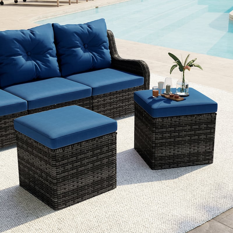 2 Set Outdoor 17.7" W Square Rattan Ottoman Patio Ottoman with Cushion - Blue