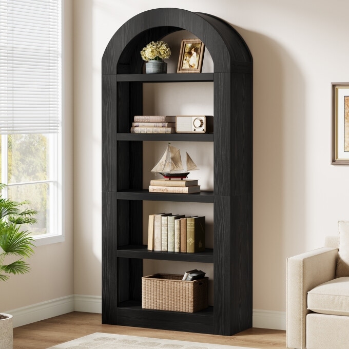 70.9'' Tall Brown Arched Bookshelf with Storage