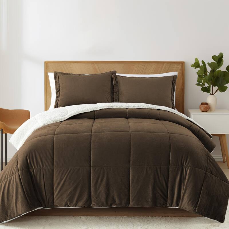 Dual-Side Fluffy Sherpa Comforter Set, Winter Plush Fuzzy Bedding Set