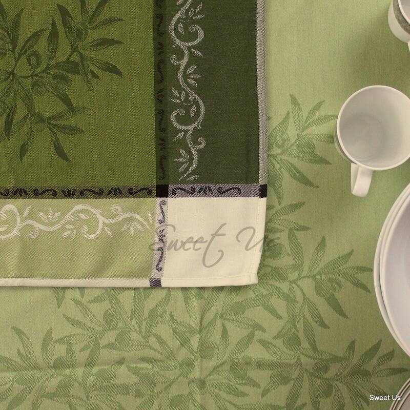 Wipeable Spill Resistant French Cotton Olive Jacquard Tablecloth
