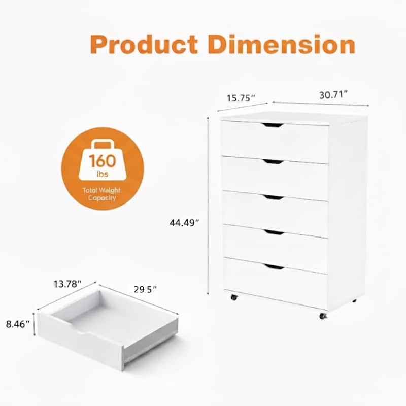 5 Drawer Storage Cabinet with Wheels Tall Dresser Modern Design Movable