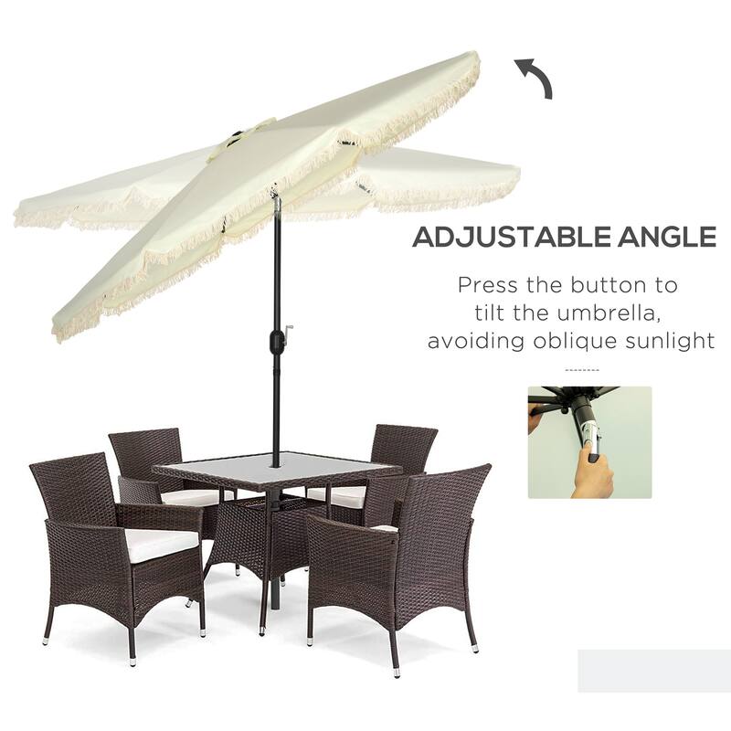 Outsunny 9ft Patio Umbrella with Push Button Tilt and Crank, Ruffled Outdoor Market Table Umbrella with Tassles and 8 Ribs