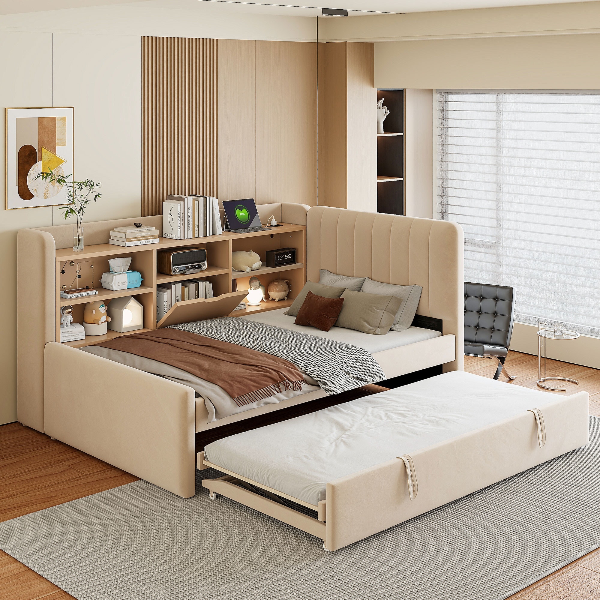 Twin Size Upholstered Daybed with Trundle, Storage Shelves, USB Ports