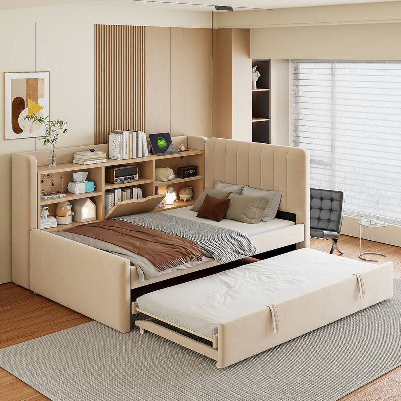 Twin Upholstered Daybed with Trundle - Features Storage Shelves, USB Ports & Power Outlets