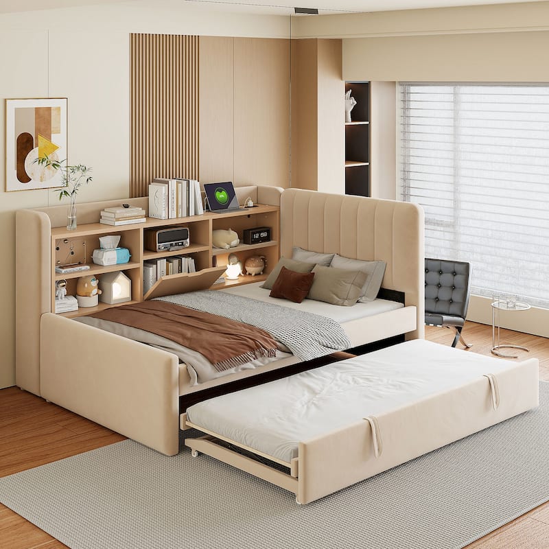 Velvet Upholstered Twin Daybed with Trundle, Storage Shelves & USB Charging (Beige)