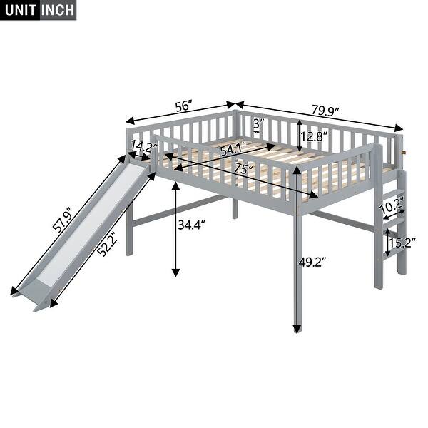 dimension image slide 4 of 6, Low Loft Bed w/Ladder & Slide, Solid Wood Loft Bed Frame w/Guardrail
