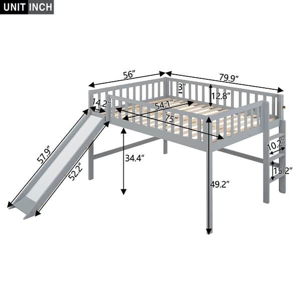 dimension image slide 1 of 2, Wooden Bedframe Full Size Low Loft Bed with Slide and Ladder