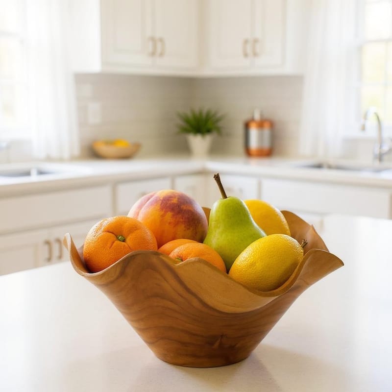 Wood Wave-Edge Bowl - Hand Carved Decorative Fruit or Salad Bowl, Rustic Centerpiece - 9" diameter x 6" tall