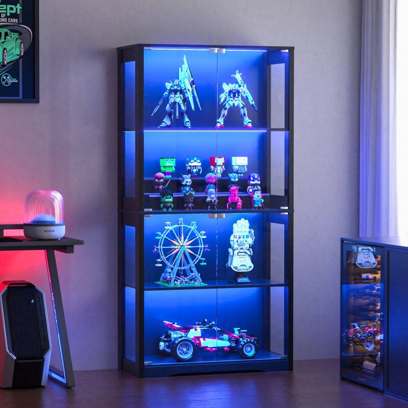 VEIKOUS 68.9" Tall Glass Display Cabinet with Built-in LED Lights & Motion Sensor for Lego, Collectibles, Figures