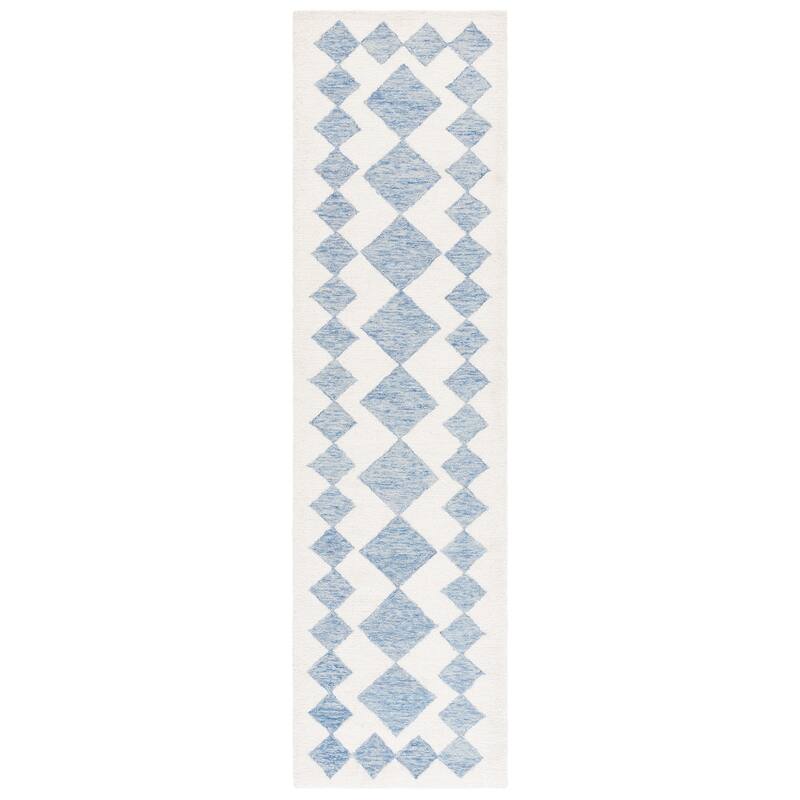 SAFAVIEH Handmade Ebony Sezen Checkered Wool Rug - 2'3" x 9' Runner - Blue/Ivory