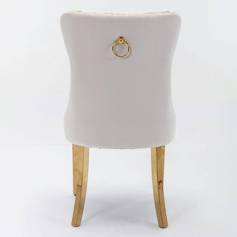 Tufted Velvet Dining Chairs - Solid Wood - Golden Stainless Steel Legs - Nailhead Trim - Set of 2