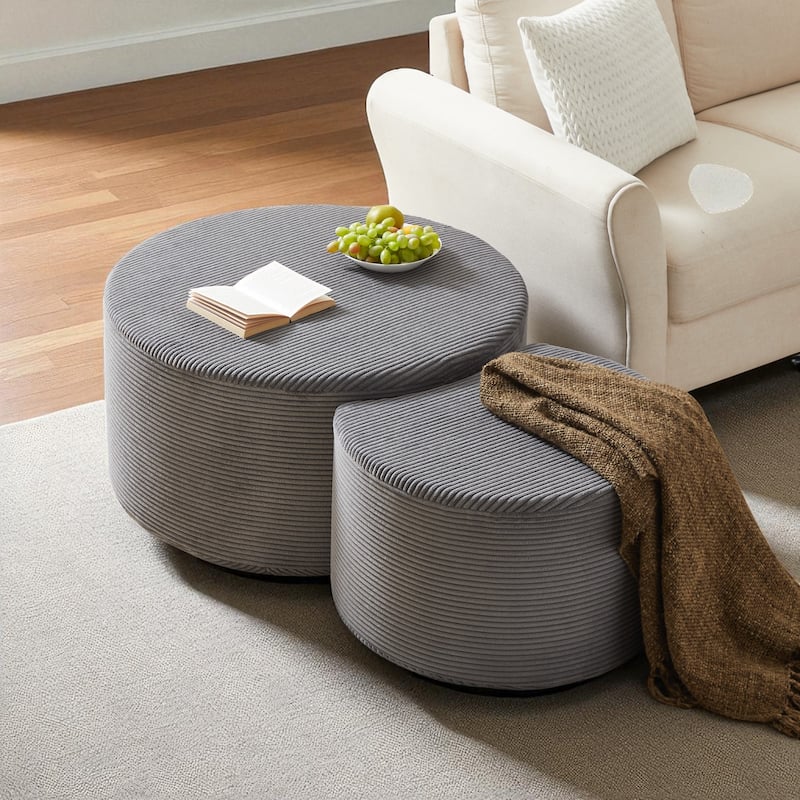 Set of 2 Round Nesting Coffee Tables, Upholstered Corduroy Ottoman Accent Tables, Modern Foam Design, No Assembly - Grey