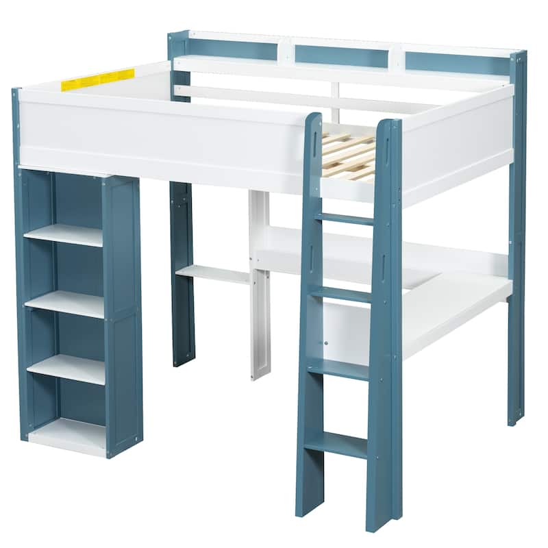 Full Size Loft Bed Wood Kids Bed Frame with Storage Shelves and Clothes Rails, Desk Under Bed for Kids Teens Student Boys Girls