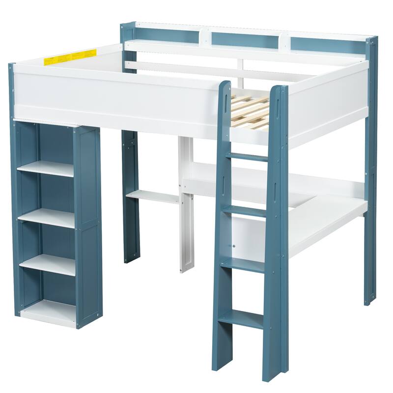 Full Size Wood Loft Bed With Built-In Storage Shelves,Clothes Rails And Desk