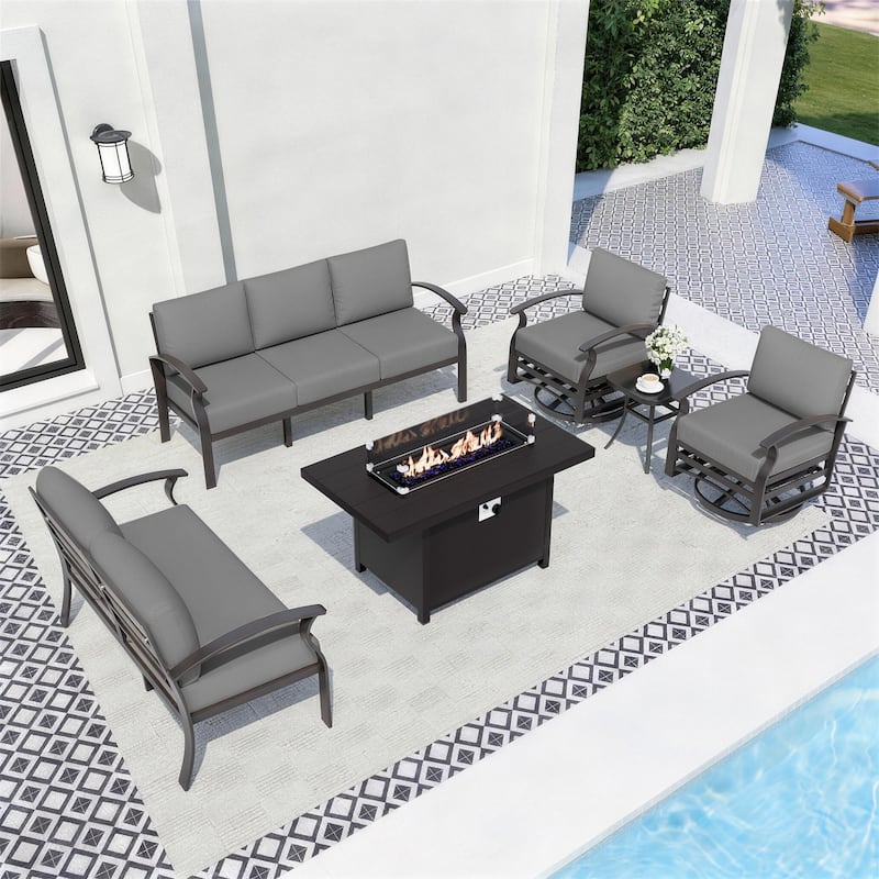 Aluminum Patio Outdoor Sectional Sofa Set with Fire Pit, Swivel Rocking Chairs and Ottomans
