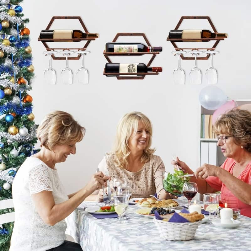 2Pcs Wall Mounted Wine Bottle Stemware Rack - 11"D x 10"W x 1.8"H