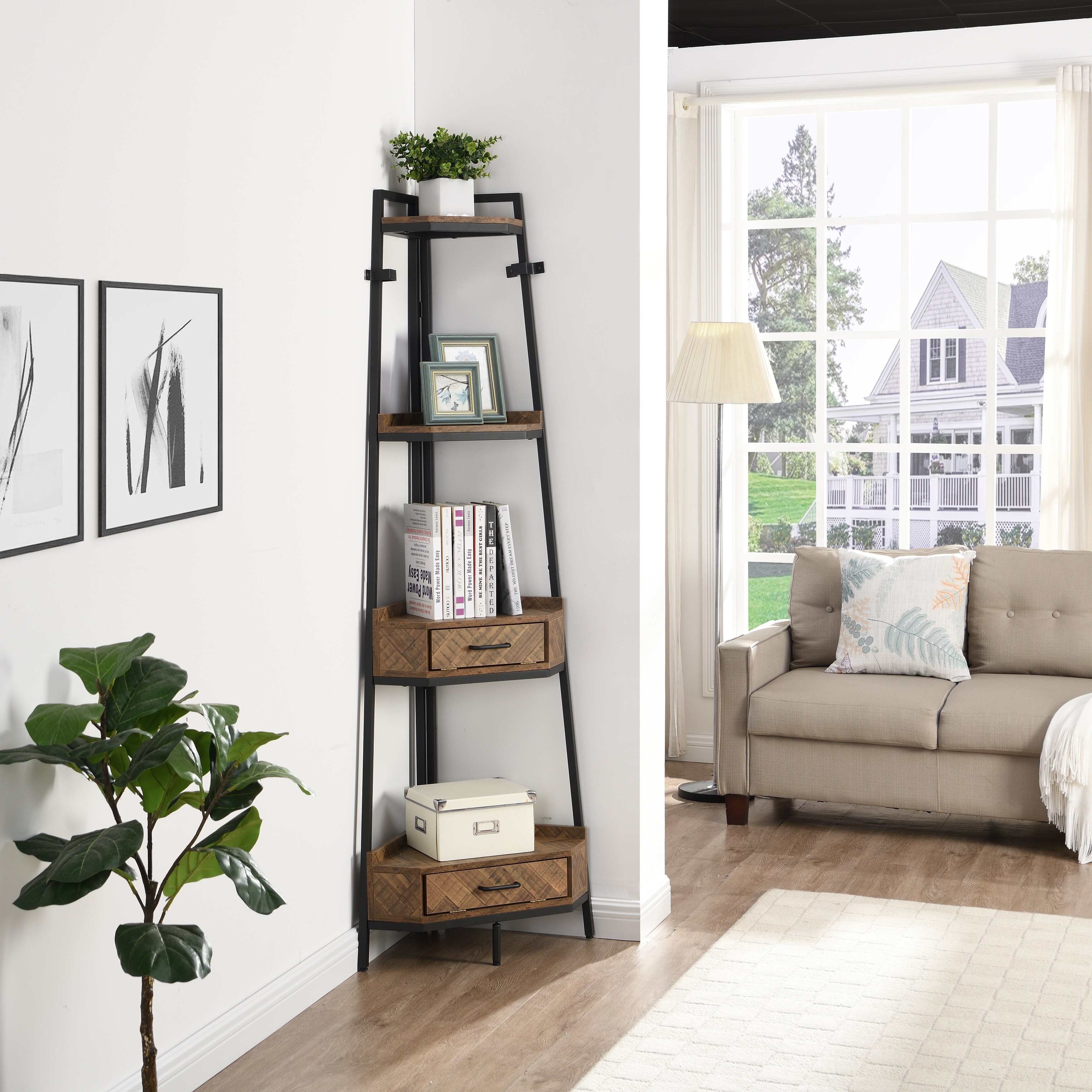 Corner bookcase store with drawers