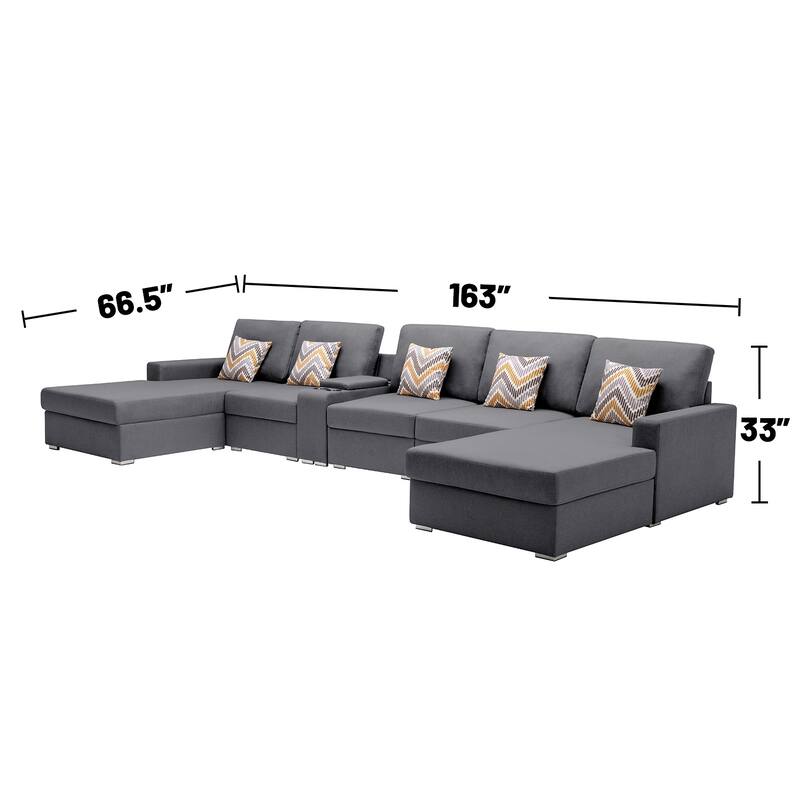 Linen Fabric 6 Piece Double Chaise Sectional Sofa with Storage Console Table and 5 Pillows