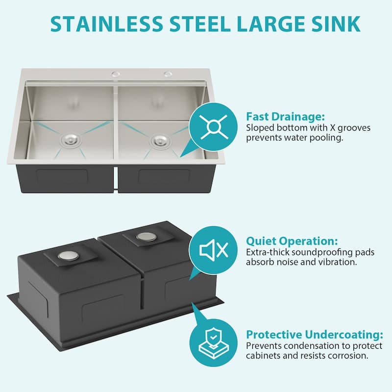 Drop-in Double Bowl 16 Gauge Stainless Steel Kitchen Sink in Brushed Nickel