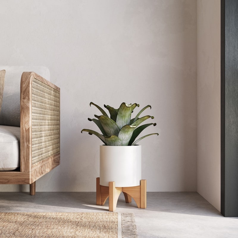 Raya White Mid-Century Modern Indoor Metal Pot Planter with Arch Wood Base - 12.25" H  x 9.75" W - White