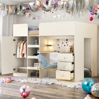 Full Size Wood Loft Bed with Built-in Wardrobe, Desk, Storage Shelves and Drawers,Beige