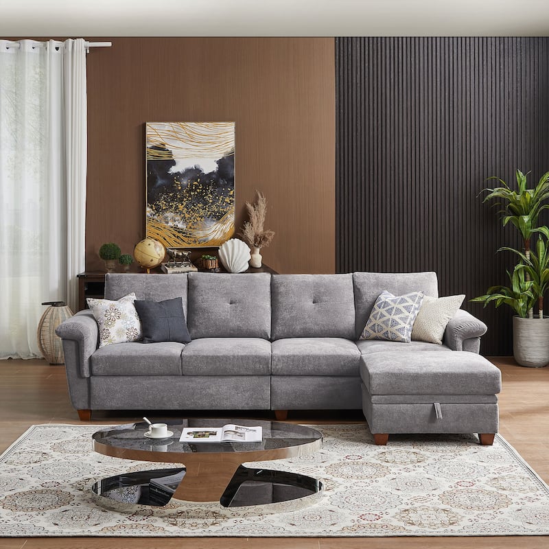 109" Modern 4 Seaters Towelling Sectional Sofa with Hidden Coffee Table Adjustable Headrest and Large Storage Space - Light Grey