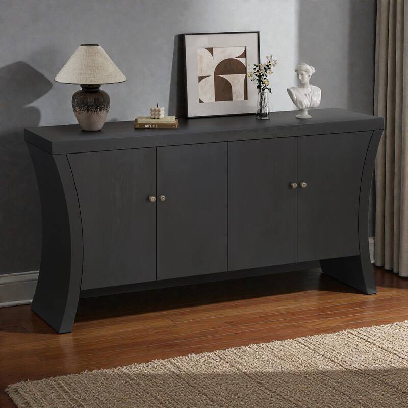 Industrial 4-Door Credenza with Wooden Arc Legs and Bronze Clasps, Modern Storage Cabinet for Living Room